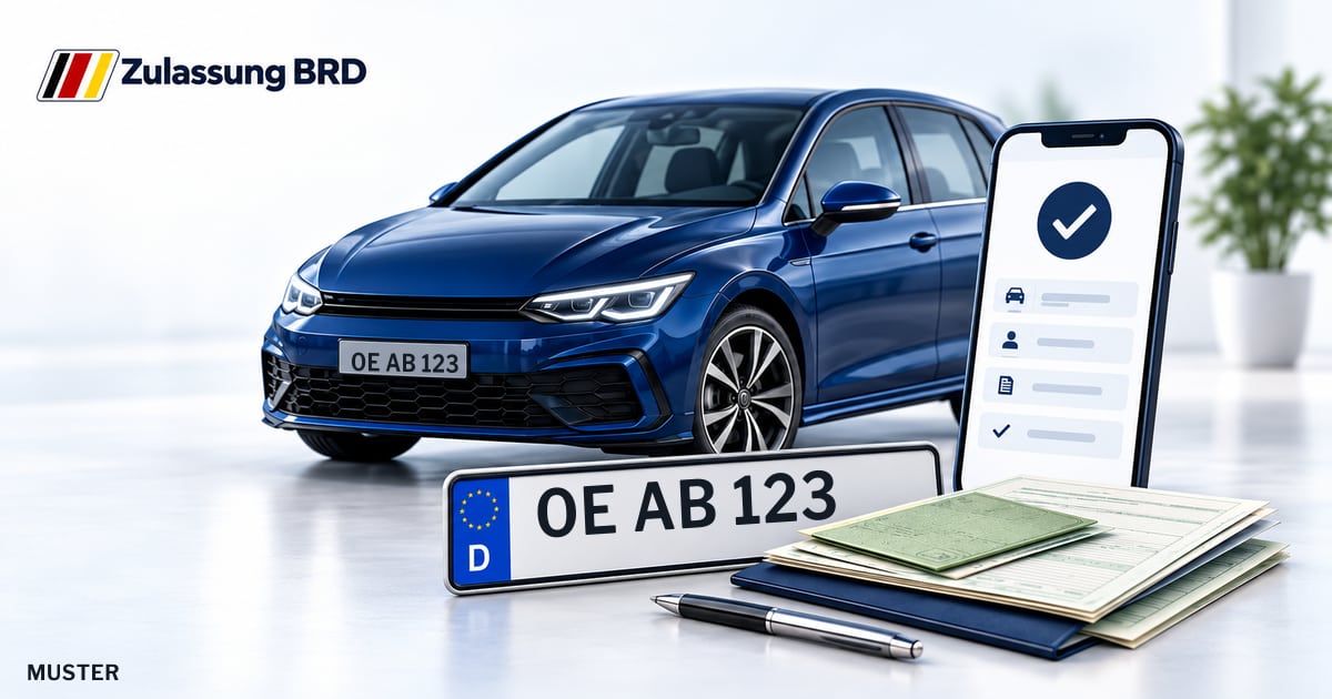 Online Fahrzeugzulassung in Landkreis Olpe: Musterkennzeichen OE AB 123, Auto und Fahrzeugpapiere und Smartphone. Illustration mit Logo von Zulassung BRD.
